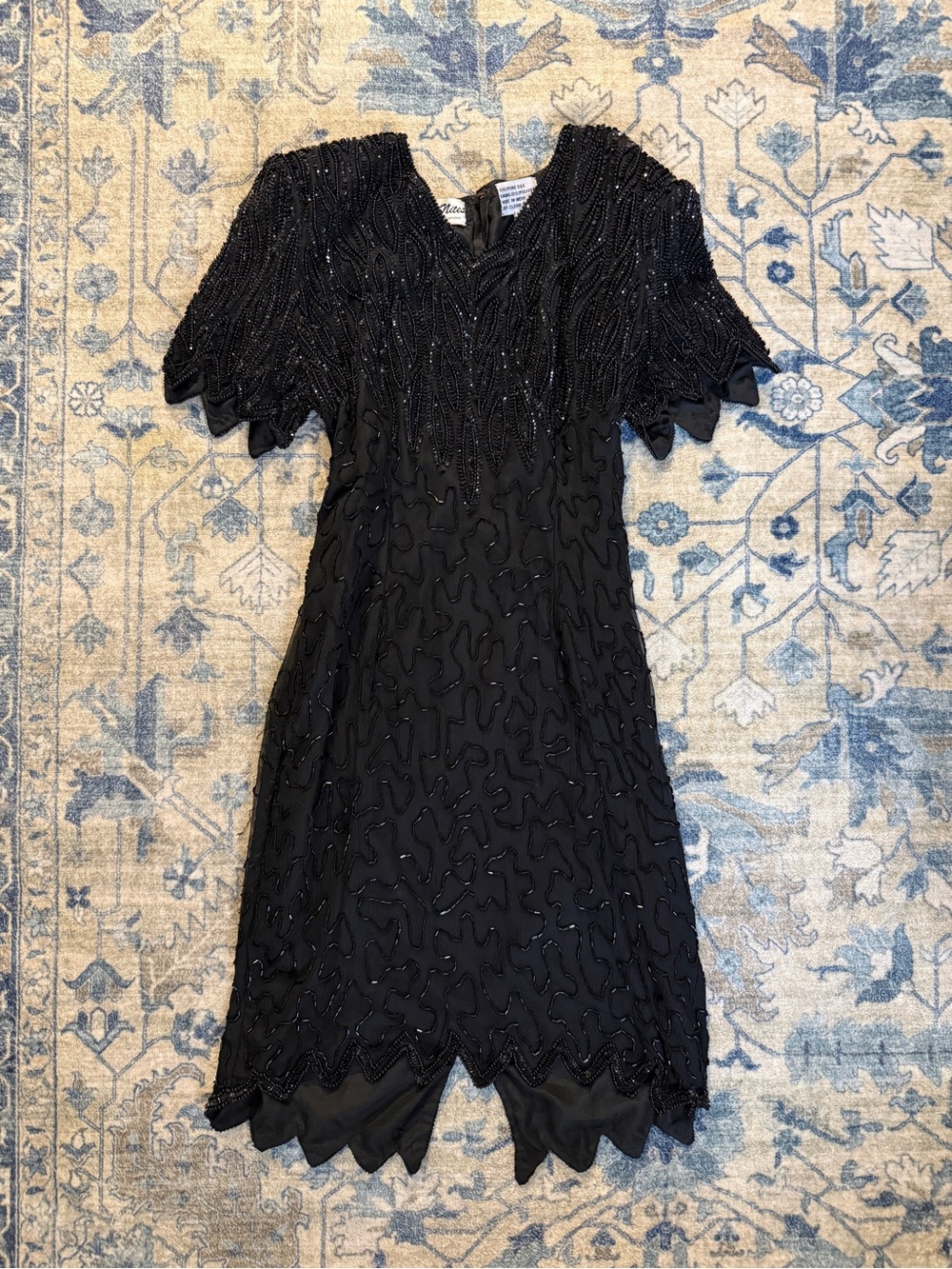 Beaded Black Midi Dress with Scalloped Hem
